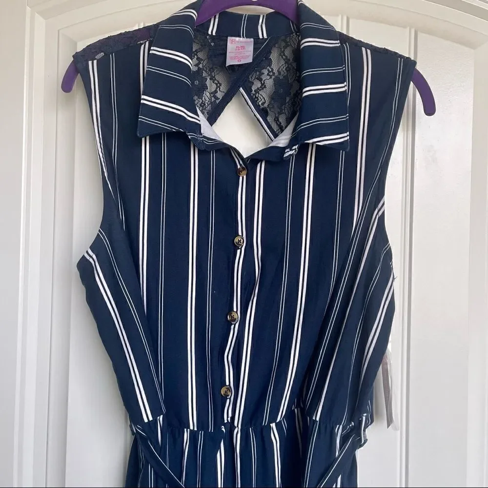 No Boundaries Juniors' Blue Striped Lace Back Romper; SZ XL (15-17); BNWT
